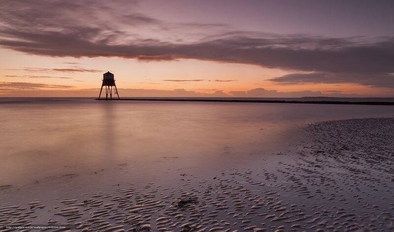 Lighthouse on Pier — Purple, Serene, Sunset, Photograph
