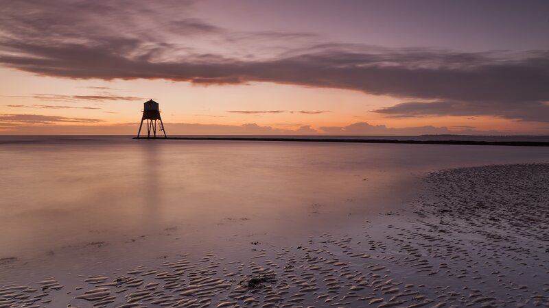 Lighthouse on Pier — Purple, Serene, Sunset