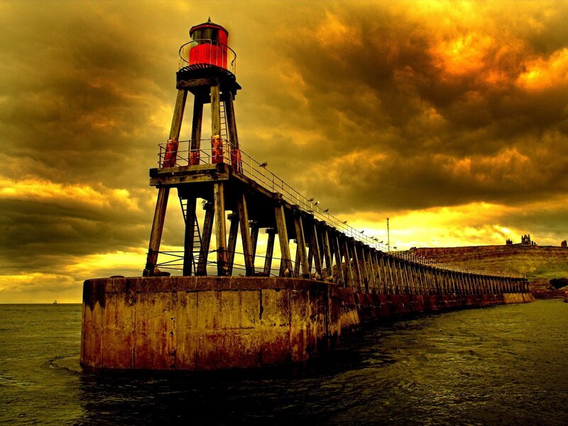 Lighthouse on Pier — Yellow, Dramatic, Sunset