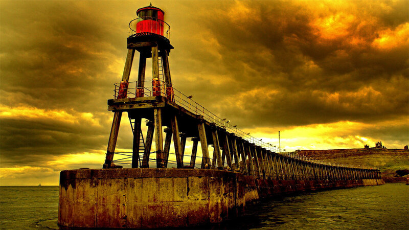 Lighthouse on Pier — Yellow, Dramatic