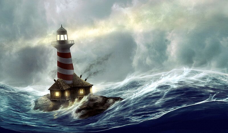 Lighthouse on Rock — Blue, Dramatic, Digital Art