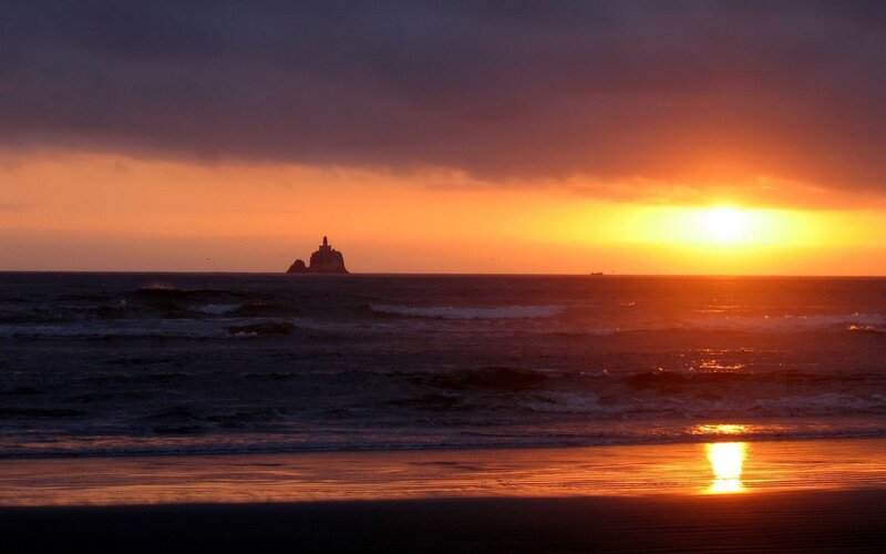 Lighthouse on Rock — Orange, Dramatic, Sunset, Photograph, Ocean