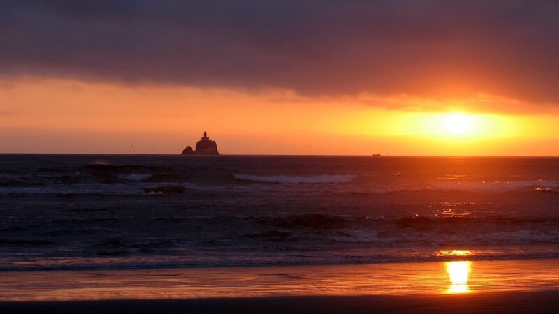Lighthouse on Rock — Orange, Dramatic, Sunset, Photograph
