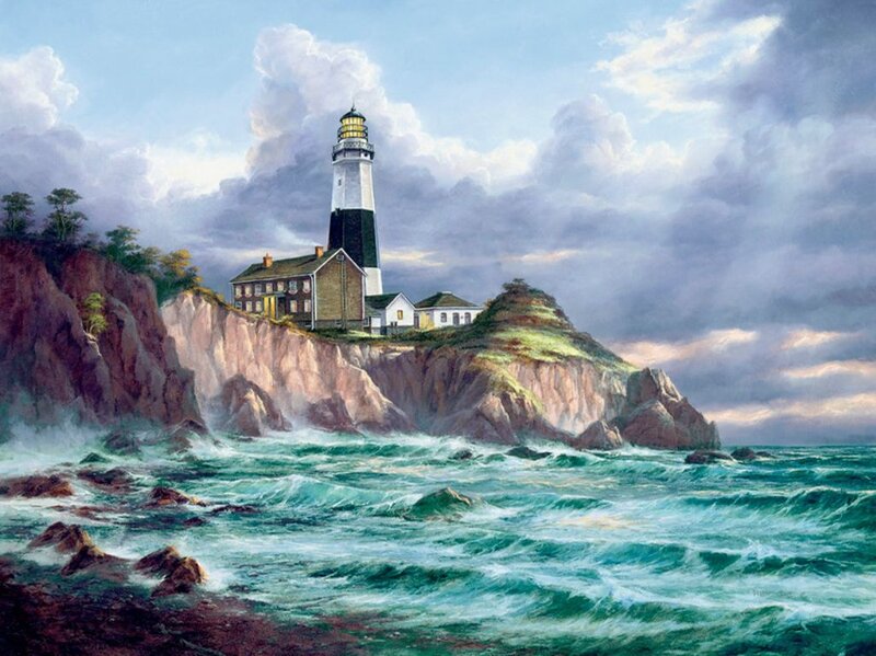 Lighthouse on Rocky Cliff — Blue, Dramatic, Afternoon, Painting