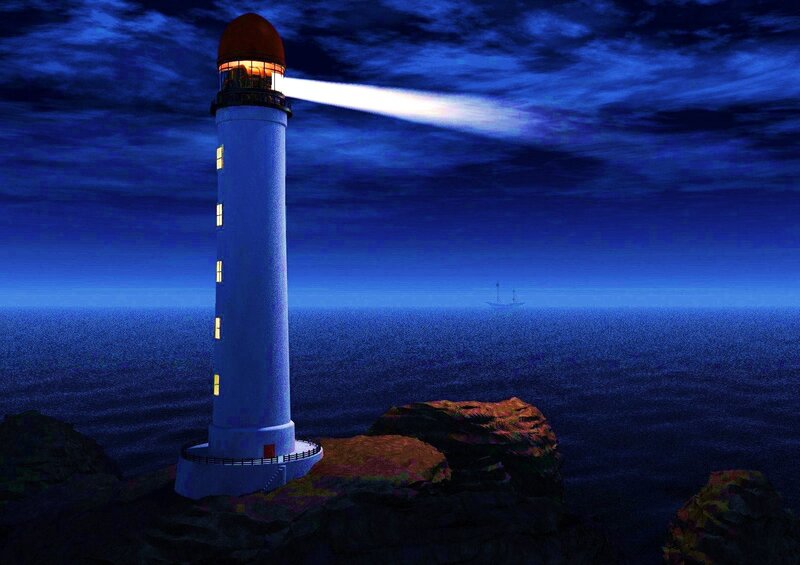 Lighthouse on Rocky Cliff — Blue, Dramatic, Night, 3d Render