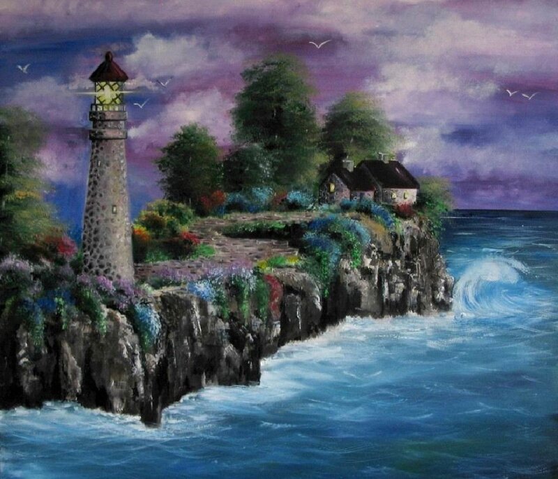 Lighthouse on Rocky Cliff — Blue, Dramatic, Night, Painting, House