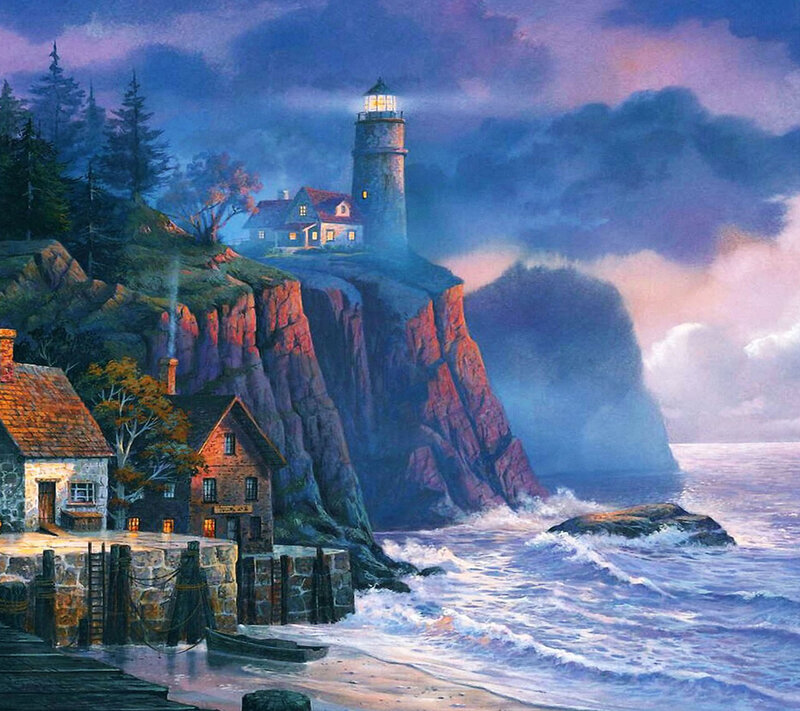 Lighthouse on Rocky Cliff — Blue, Dramatic, Night, Painting, Sea, Houses