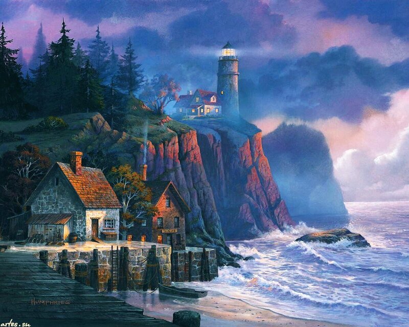 Lighthouse on Rocky Cliff — Blue, Dramatic, Night, Painting, Sea