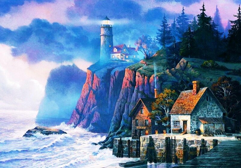 Lighthouse on Rocky Cliff — Blue, Dramatic, Night, Painting