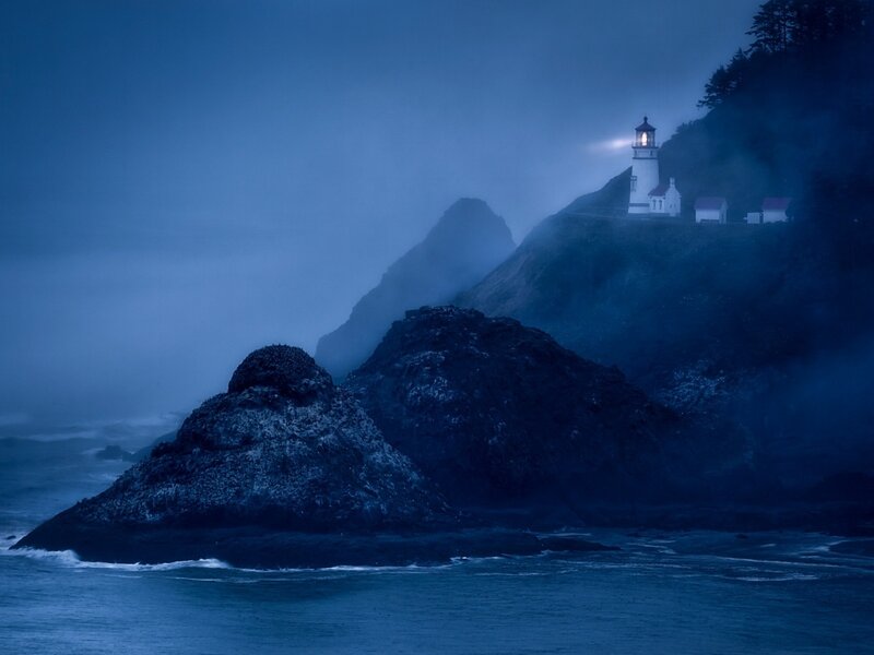 Lighthouse on Rocky Cliff — Blue, Dramatic, Night, Photograph, Ocean