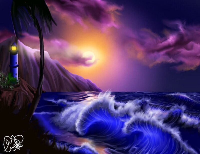 Lighthouse on Rocky Cliff — Blue, Dramatic, Sunset, Digital Art