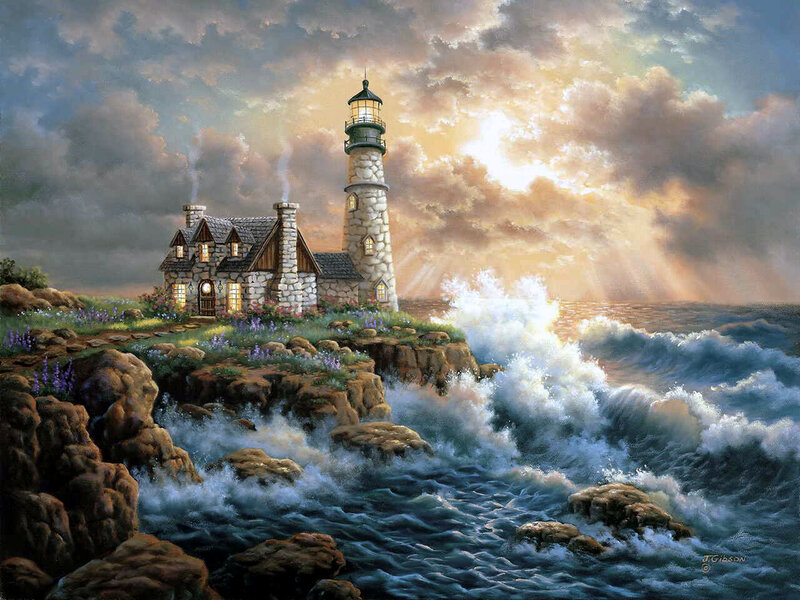 Lighthouse on Rocky Cliff — Blue, Dramatic, Sunset, Painting, House, Ocean, Waves