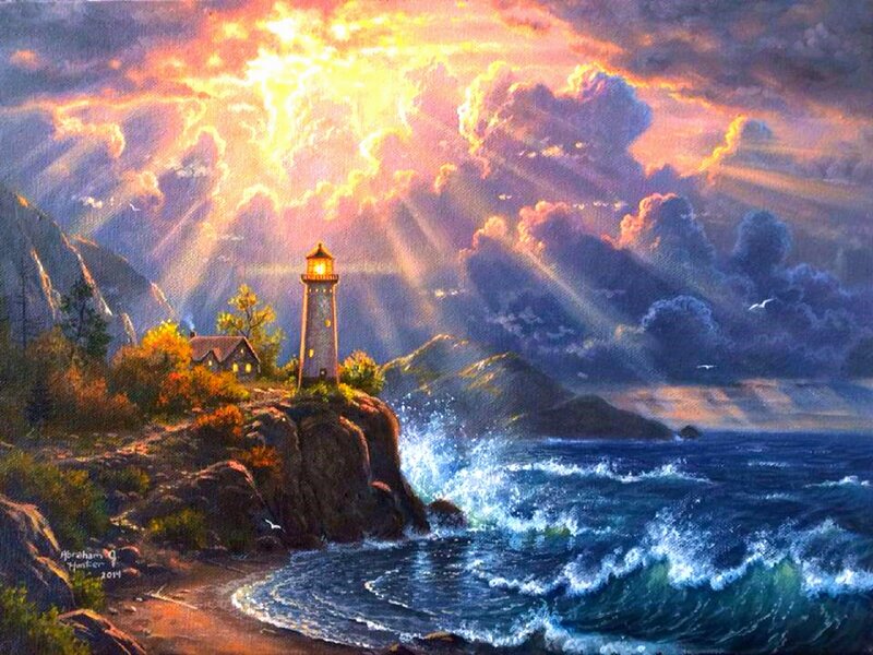 Lighthouse on Rocky Cliff — Blue, Dramatic, Sunset, Painting