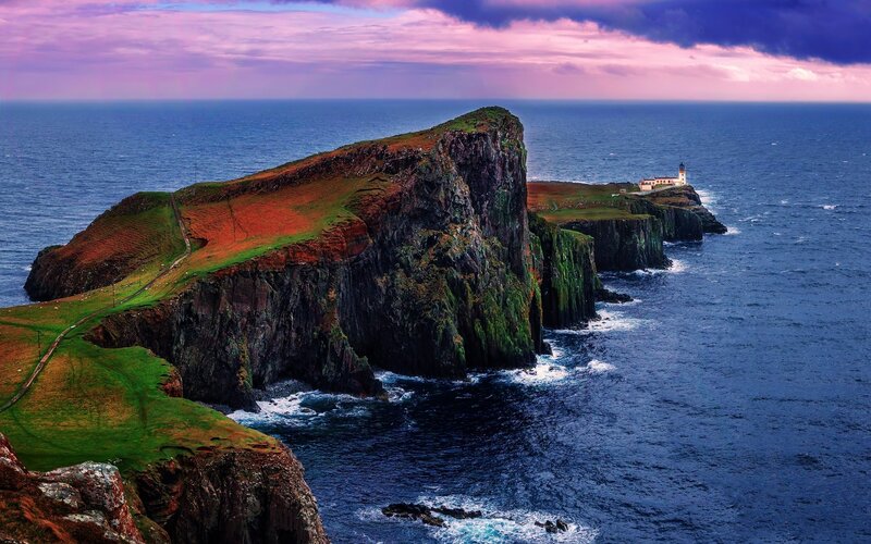 Lighthouse on Rocky Cliff — Blue, Dramatic, Sunset, Photograph, Ocean, Cliffs