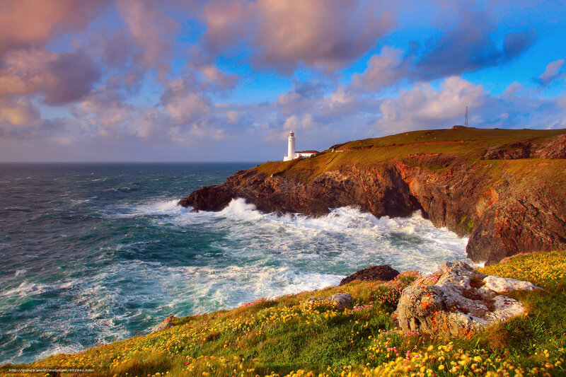 Lighthouse on Rocky Cliff — Blue, Dramatic, Sunset, Photograph, Ocean, Waves, Flowers