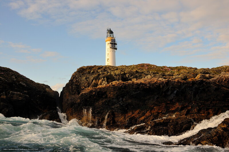 Lighthouse on Rocky Cliff — Blue, Dramatic, Sunset, Photograph, Ocean, Waves, Sky