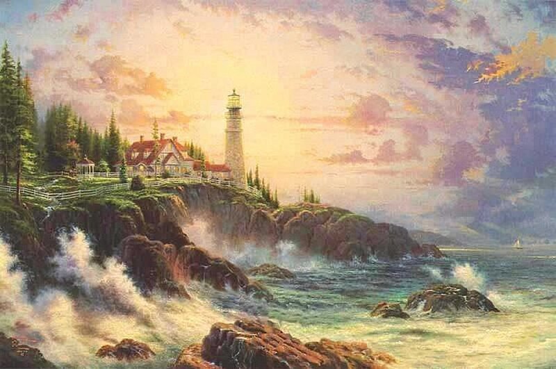 Lighthouse on Rocky Cliff — Blue, Dramatic, Sunset