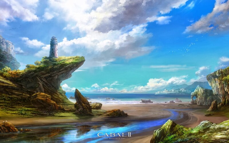 Lighthouse on Rocky Cliff — Blue, Serene, Afternoon, Digital Art