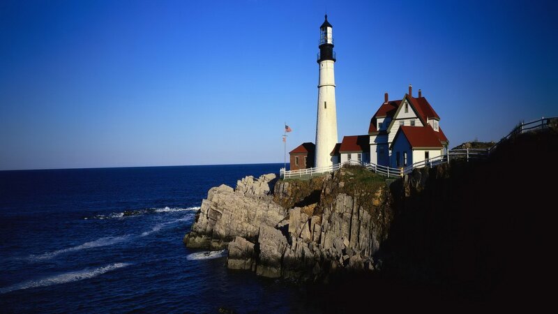 Lighthouse on Rocky Cliff — Blue, Serene, Afternoon, Photograph, Ocean, Sky
