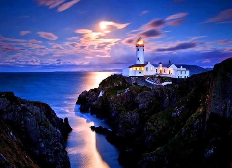 Lighthouse on Rocky Cliff — Blue, Serene, Night, Photograph