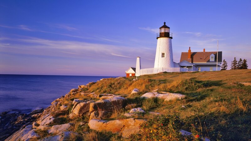 Lighthouse on Rocky Cliff — Blue, Serene, Sunset, Photograph, Ocean, House