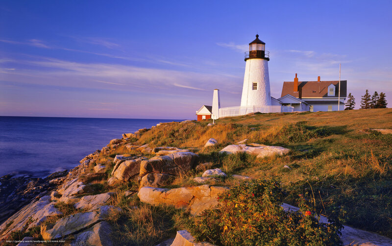 Lighthouse on Rocky Cliff — Blue, Serene, Sunset, Photograph, Ocean, House, Trees