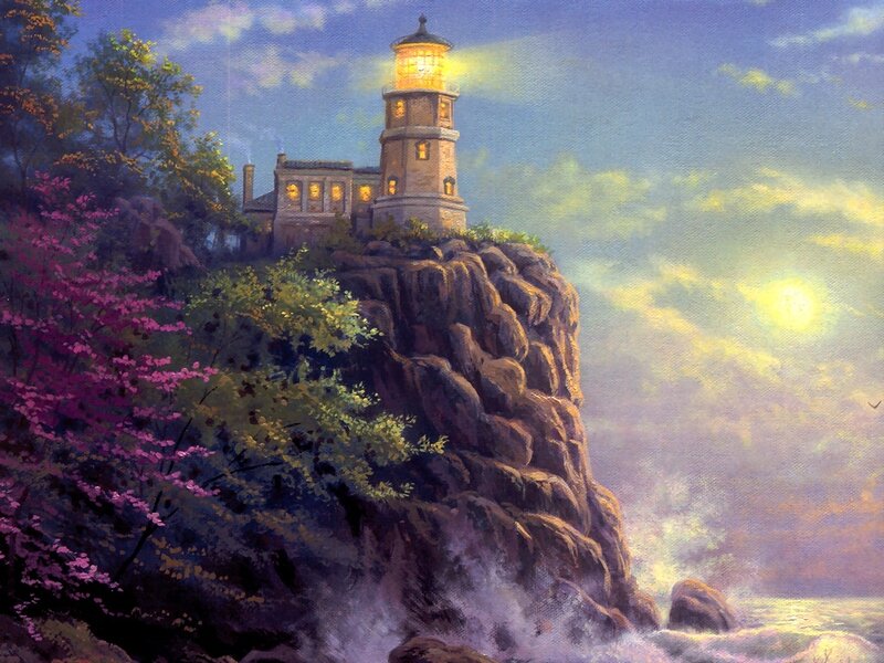 Lighthouse on Rocky Cliff — Blue, Serene