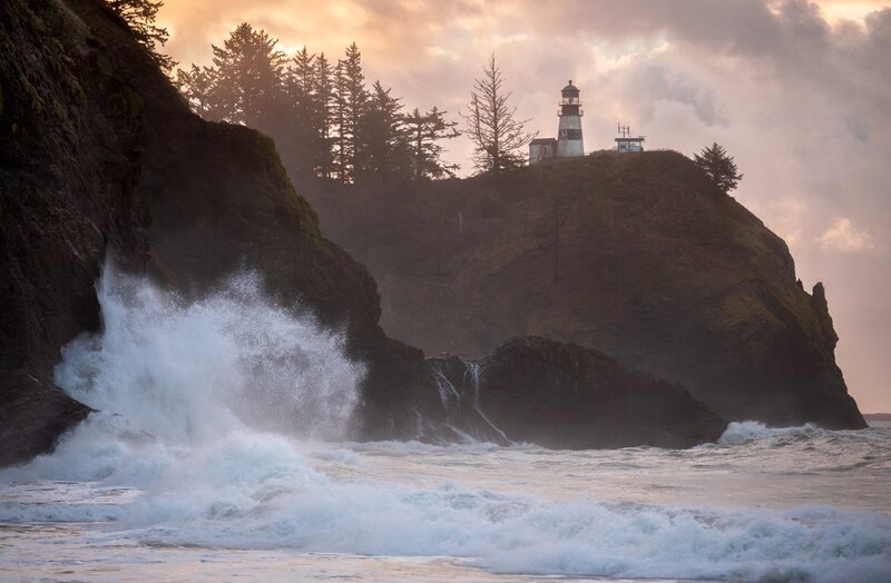 Lighthouse on Rocky Cliff — Brown, Dramatic