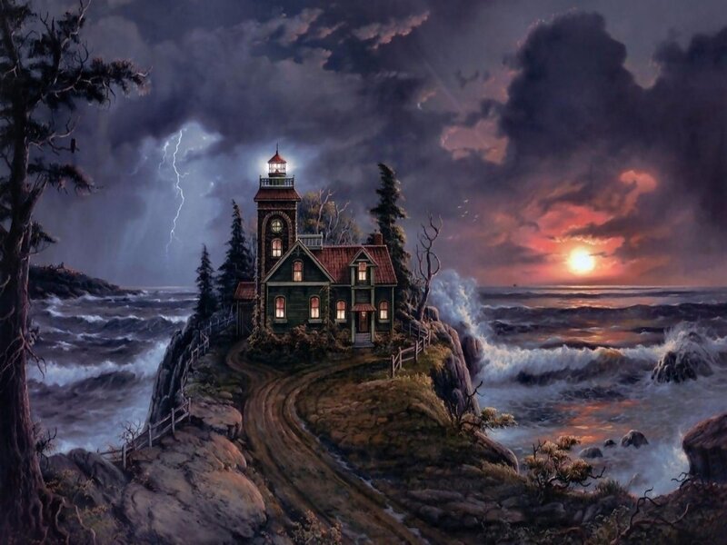 Lighthouse on Rocky Cliff — Dark Blue, Dramatic, Sunset