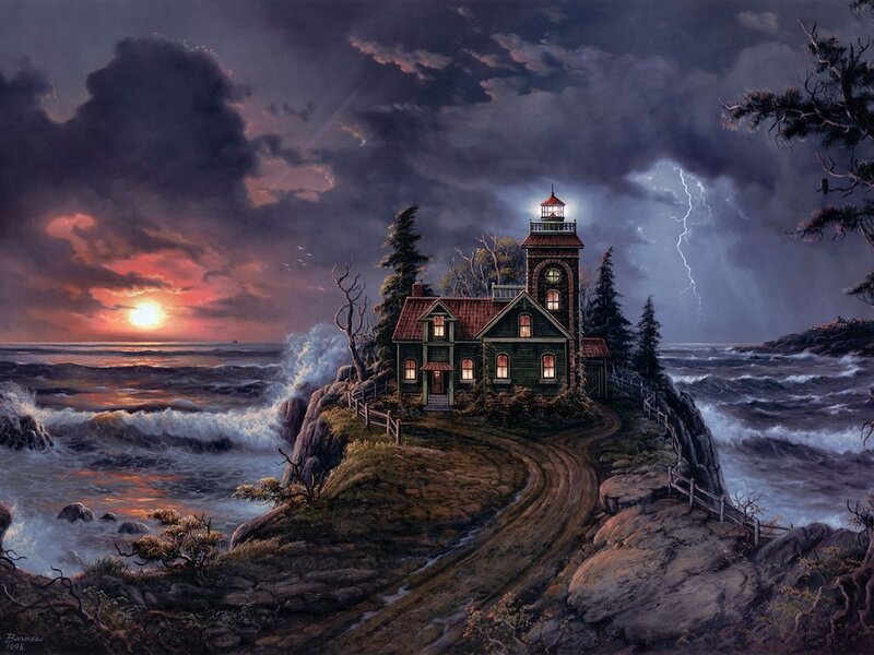 Lighthouse on Rocky Cliff — Dark Blue