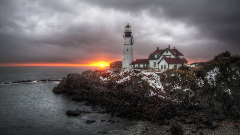 Lighthouse on Rocky Cliff — Gray, Dramatic, Sunrise
