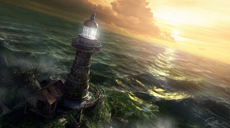 Lighthouse on Rocky Cliff — Green, Dramatic