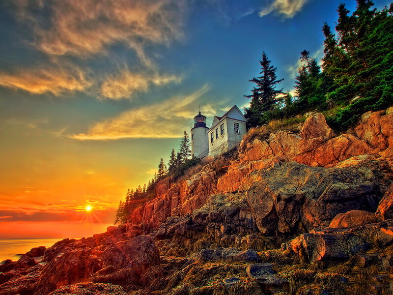 Lighthouse on Rocky Cliff — Orange, Dramatic, Sunrise