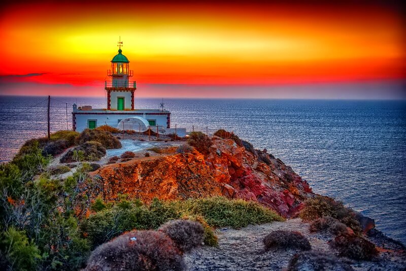 Lighthouse on Rocky Cliff — Orange, Dramatic, Sunset, Photograph, Ocean, Sky