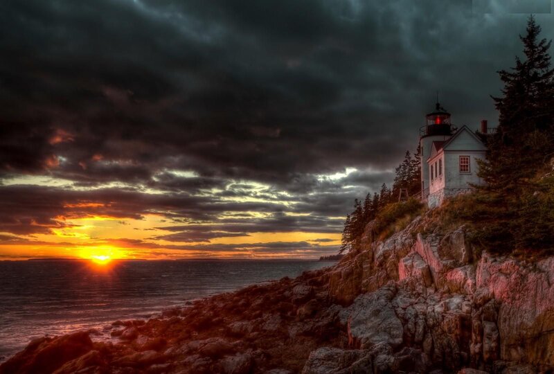 Lighthouse on Rocky Cliff — Orange, Dramatic, Sunset, Photograph, Ocean, Trees