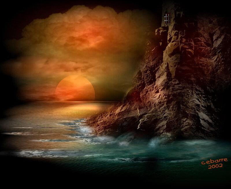 Lighthouse on Rocky Cliff — Orange, Dramatic, Sunset