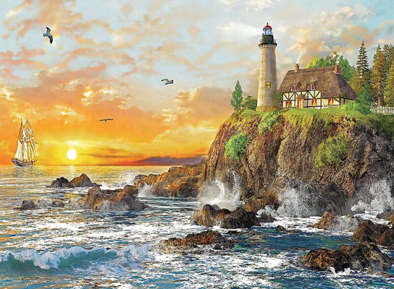 Lighthouse on Rocky Cliff — Orange, Serene, Sunset, Painting