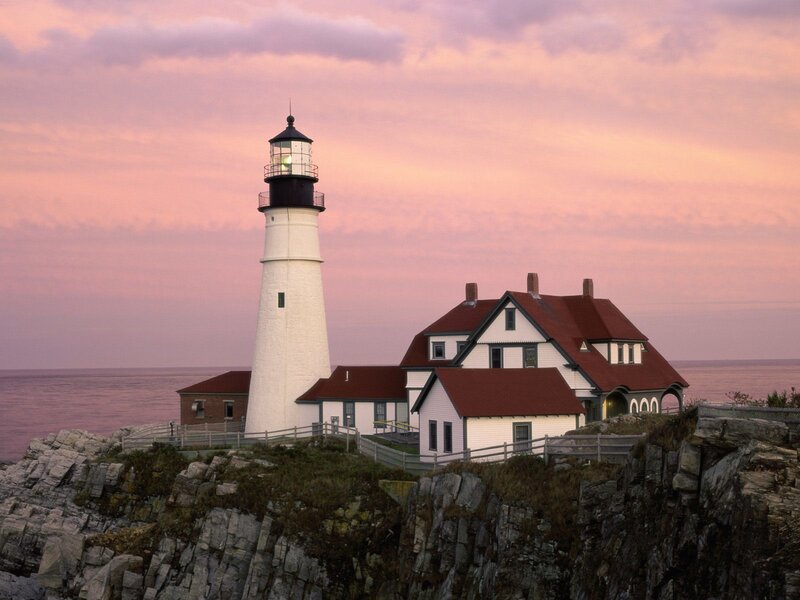 Lighthouse on Rocky Cliff — Pink, Serene, Sunset