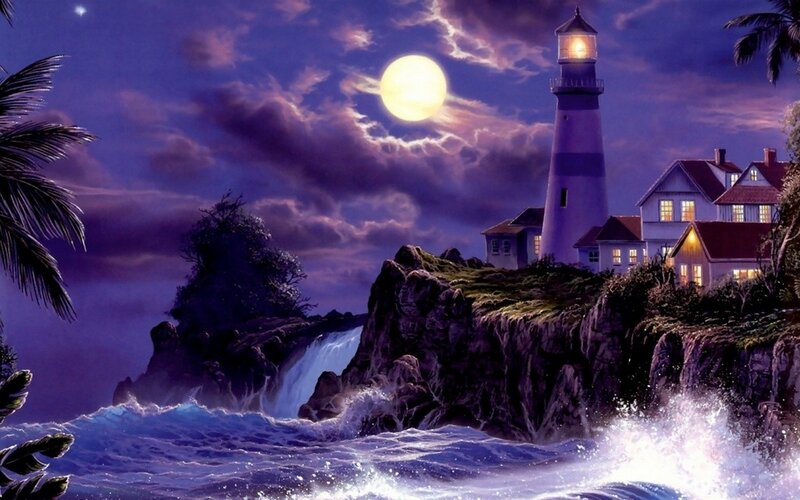 Lighthouse on Rocky Cliff — Purple, Dramatic, Night, Digital Art, Moon