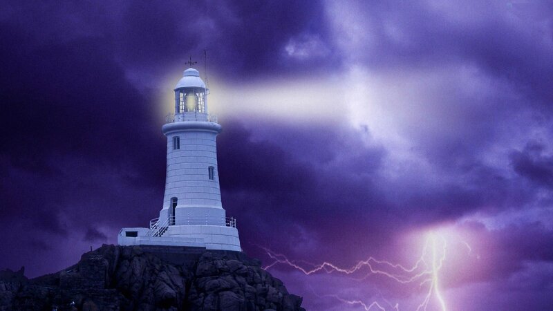 Lighthouse on Rocky Cliff — Purple, Dramatic, Night, Digital Art, Storm, Lightning