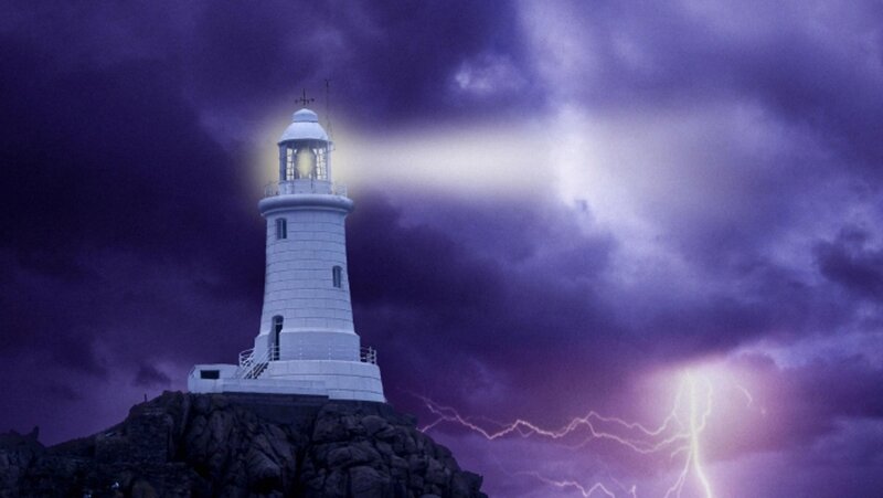 Lighthouse on Rocky Cliff — Purple, Dramatic, Night, Digital Art, Storm