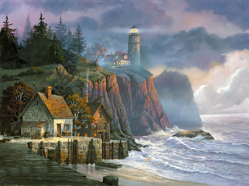 Lighthouse on Rocky Cliff — Purple, Dramatic, Night, Painting