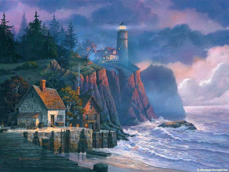Lighthouse on Rocky Cliff — Purple, Dramatic, Night