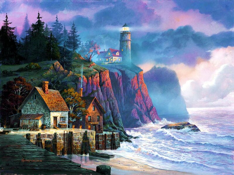 Lighthouse on Rocky Cliff — Purple, Dramatic, Sunset, Painting