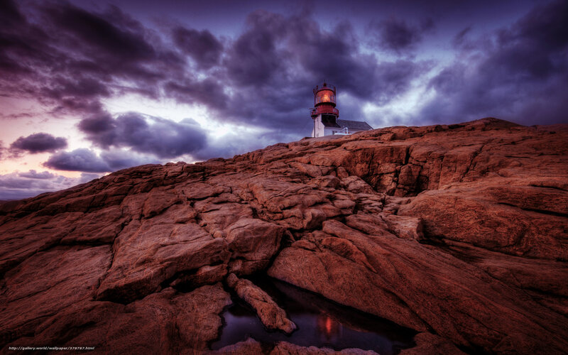 Lighthouse on Rocky Cliff — Purple, Dramatic, Sunset, Photograph, Clouds, Rocks