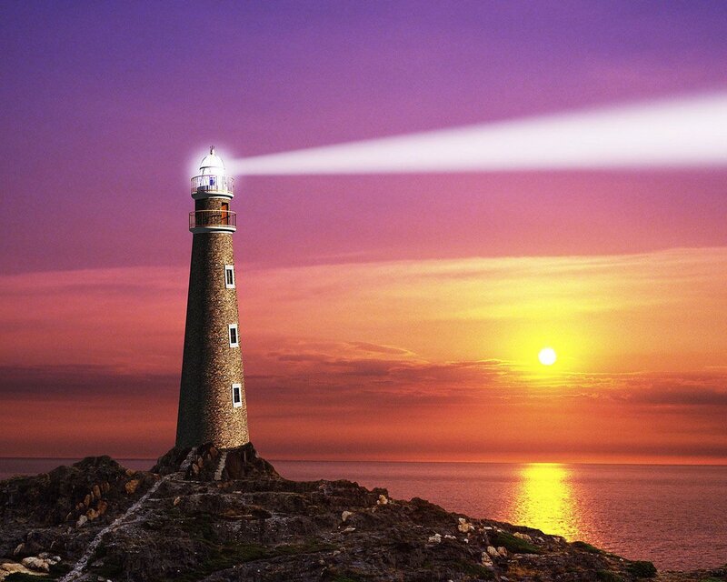 Lighthouse on Rocky Cliff — Purple, Dramatic, Sunset, Photograph, Sun