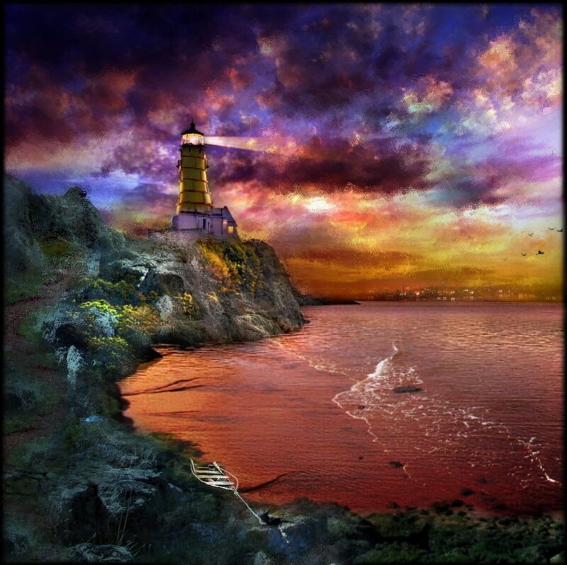Lighthouse on Rocky Cliff — Purple, Dramatic, Sunset