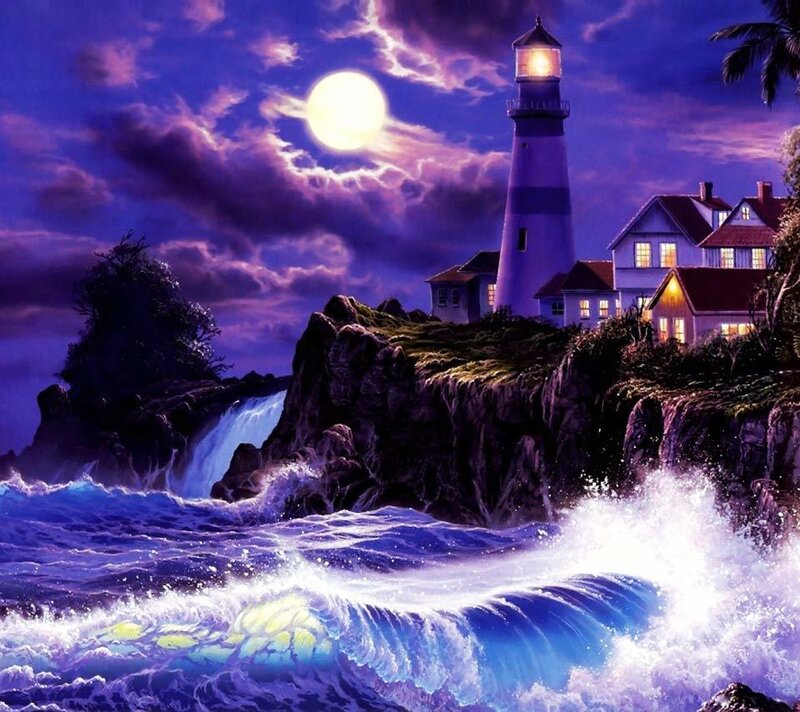 Lighthouse on Rocky Cliff — Purple, Dramatic