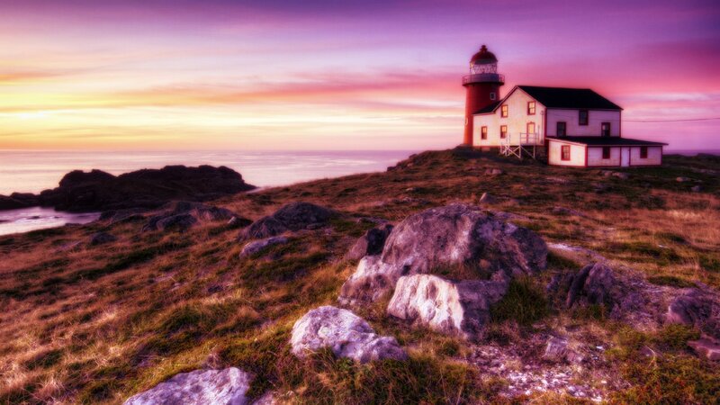 Lighthouse on Rocky Cliff — Purple, Serene, Sunset