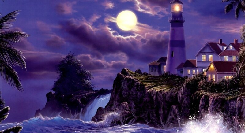 Lighthouse on Rocky Cliff — Purple, Serene
